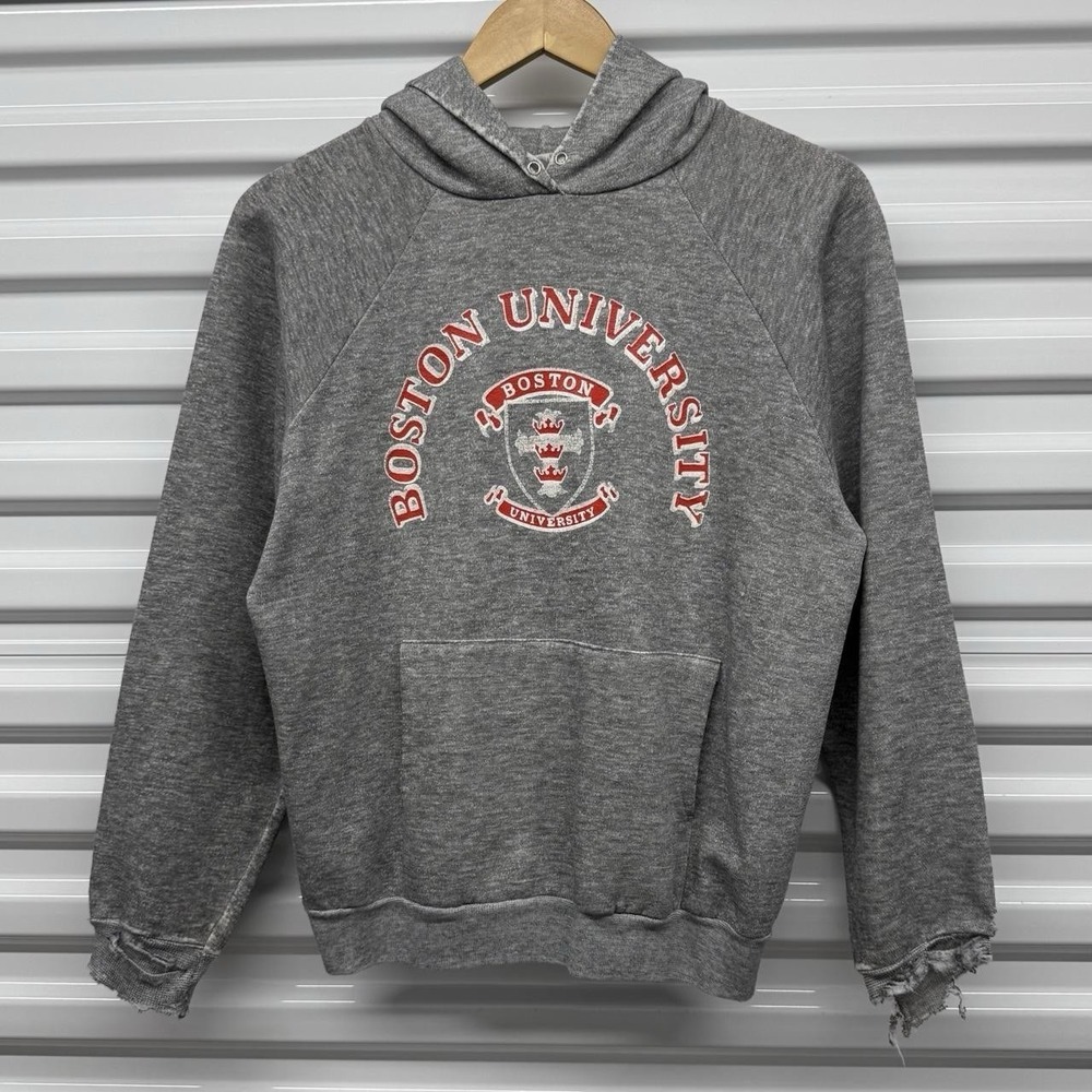 Vintage 80s University Of Boston Distressed Gray Hooded Sweatshirt Size